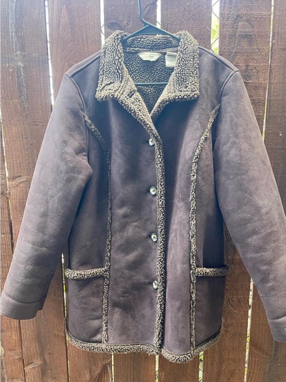 Vintage LL Bean Chocolate Brown Suede Sherpa Lined Trim Button Up Coat Sz LP